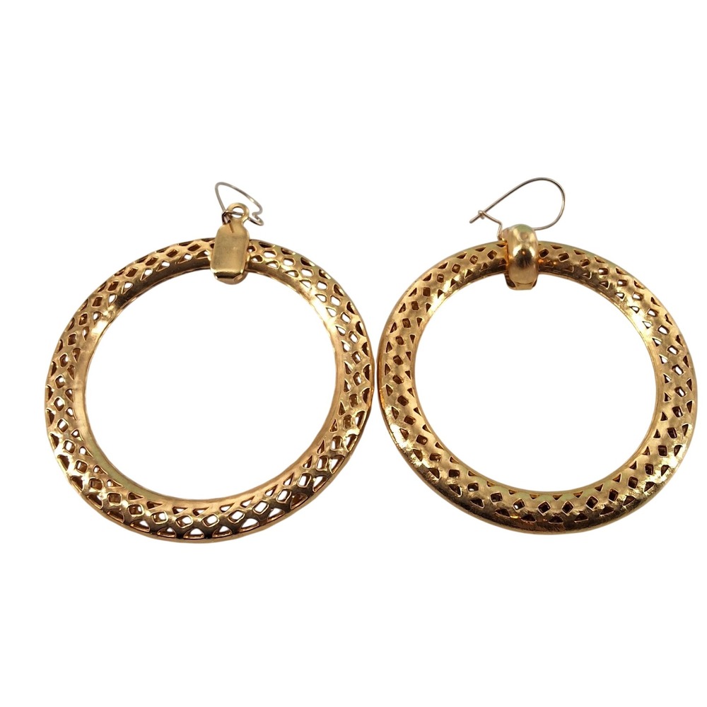 Gold Tone Openwork Lattice Hoop Earrings Textured Round 2 Inch